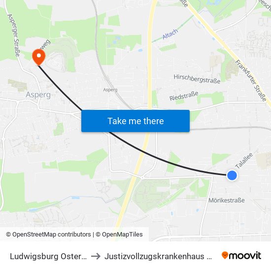 Ludwigsburg Osterholzallee to Justizvollzugskrankenhaus Hohenasperg map