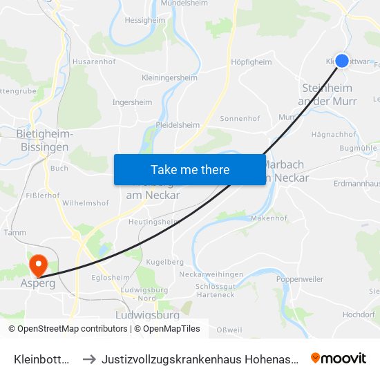 Kleinbottwar to Justizvollzugskrankenhaus Hohenasperg map