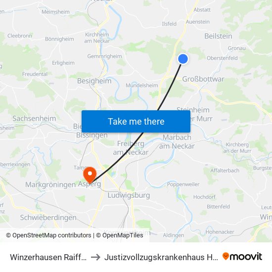 Winzerhausen Raiffeisenstr. to Justizvollzugskrankenhaus Hohenasperg map