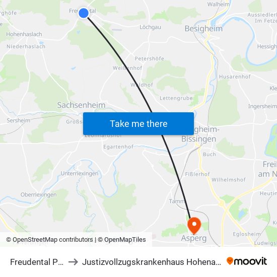 Freudental Post to Justizvollzugskrankenhaus Hohenasperg map