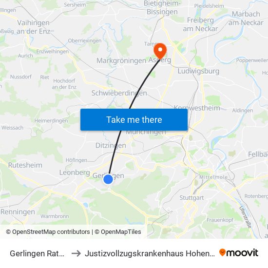 Gerlingen Rathaus to Justizvollzugskrankenhaus Hohenasperg map