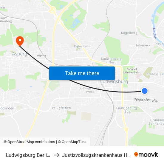 Ludwigsburg Berliner Platz to Justizvollzugskrankenhaus Hohenasperg map