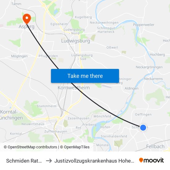 Schmiden Rathaus to Justizvollzugskrankenhaus Hohenasperg map