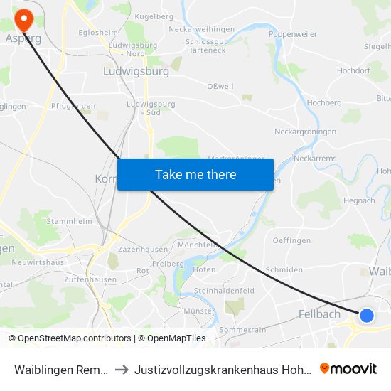Waiblingen Remspark to Justizvollzugskrankenhaus Hohenasperg map