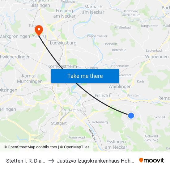 Stetten I. R. Diakonie to Justizvollzugskrankenhaus Hohenasperg map