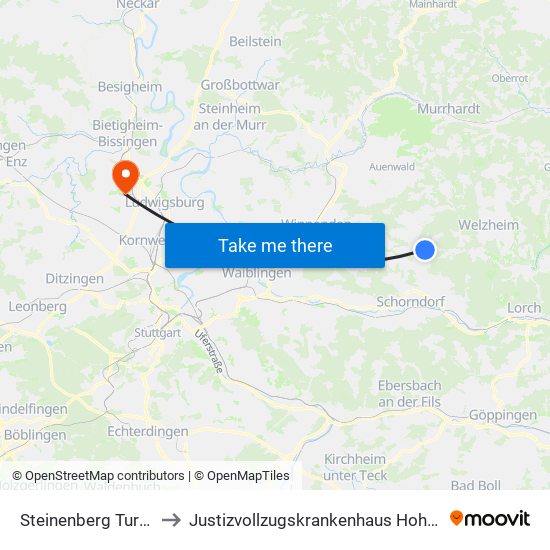 Steinenberg Turnhalle to Justizvollzugskrankenhaus Hohenasperg map