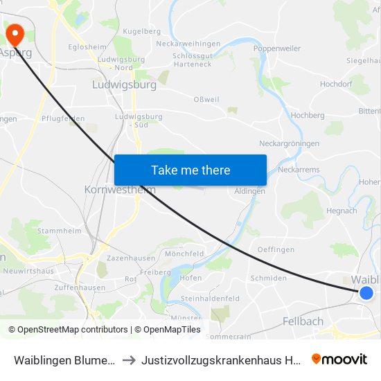 Waiblingen Blumenstraße to Justizvollzugskrankenhaus Hohenasperg map