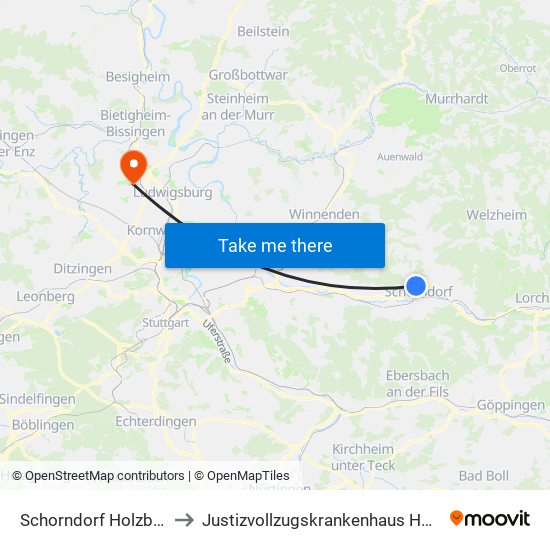 Schorndorf Holzbergweg to Justizvollzugskrankenhaus Hohenasperg map
