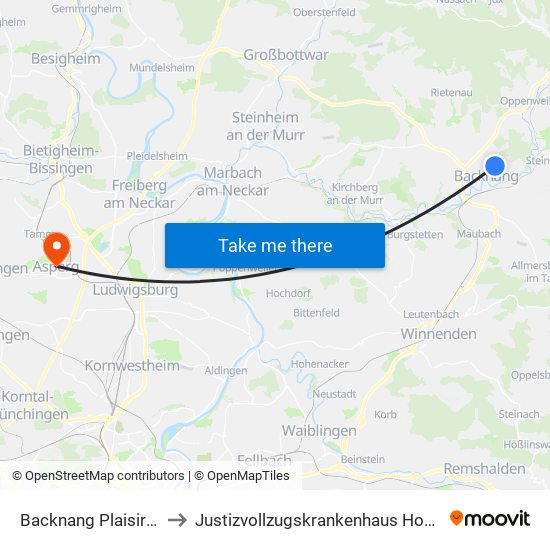 Backnang Plaisirschule to Justizvollzugskrankenhaus Hohenasperg map