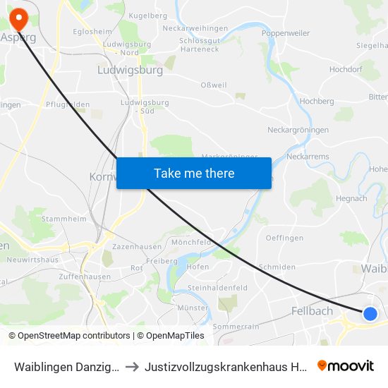 Waiblingen Danziger Platz to Justizvollzugskrankenhaus Hohenasperg map