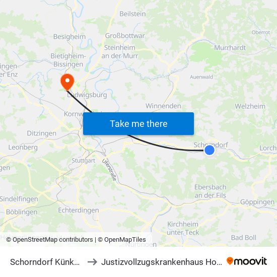 Schorndorf Künkelinhalle to Justizvollzugskrankenhaus Hohenasperg map