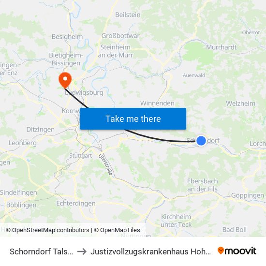 Schorndorf Talstraße to Justizvollzugskrankenhaus Hohenasperg map