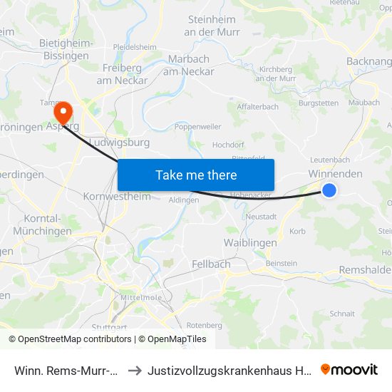 Winn. Rems-Murr-Klinikum to Justizvollzugskrankenhaus Hohenasperg map