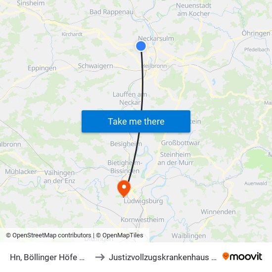 Hn, Böllinger Höfe Mühlrainstr. to Justizvollzugskrankenhaus Hohenasperg map