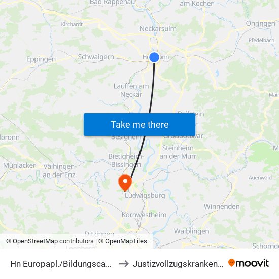 Hn Europapl./Bildungscampus West Bstg Sued to Justizvollzugskrankenhaus Hohenasperg map