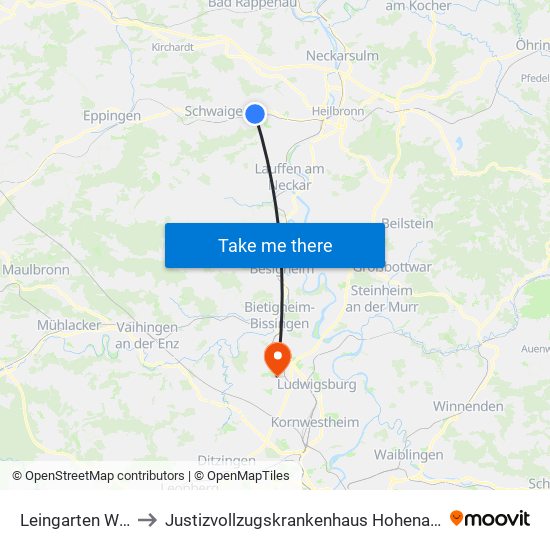 Leingarten West to Justizvollzugskrankenhaus Hohenasperg map