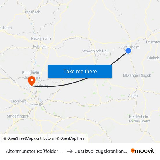 Altenmünster Roßfelder Straße / Lehenbusch to Justizvollzugskrankenhaus Hohenasperg map