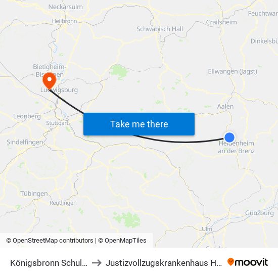 Königsbronn Schule Bstg 1 to Justizvollzugskrankenhaus Hohenasperg map