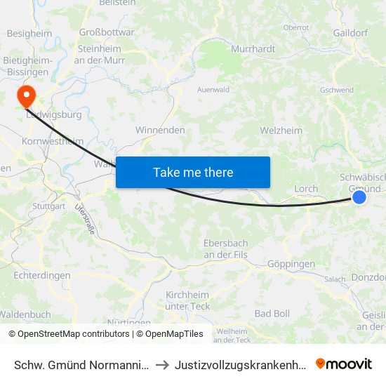 Schw. Gmünd Normanniaplatz/Sporthalle to Justizvollzugskrankenhaus Hohenasperg map