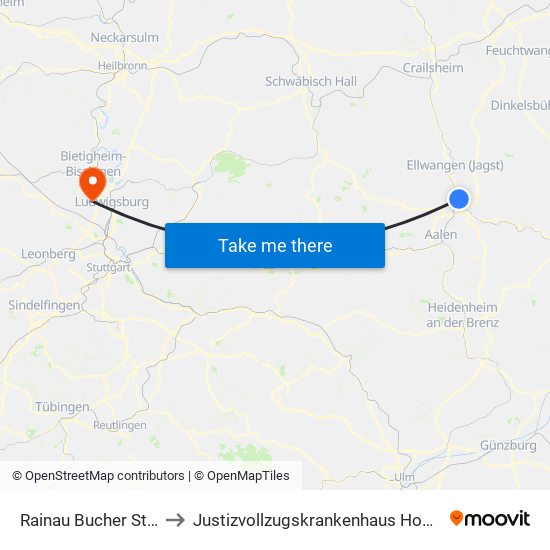 Rainau Bucher Stausee to Justizvollzugskrankenhaus Hohenasperg map