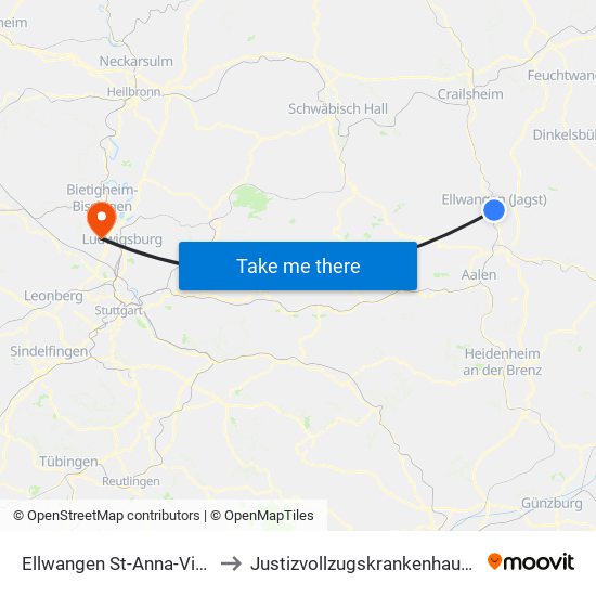 Ellwangen St-Anna-Virngund-Klinik to Justizvollzugskrankenhaus Hohenasperg map