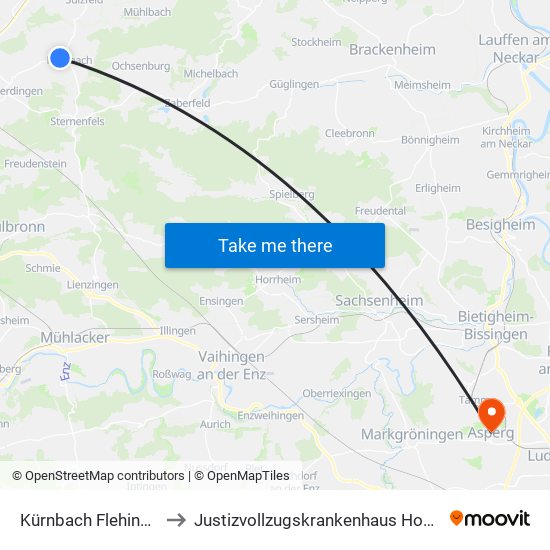 Kürnbach Flehinger Str. to Justizvollzugskrankenhaus Hohenasperg map