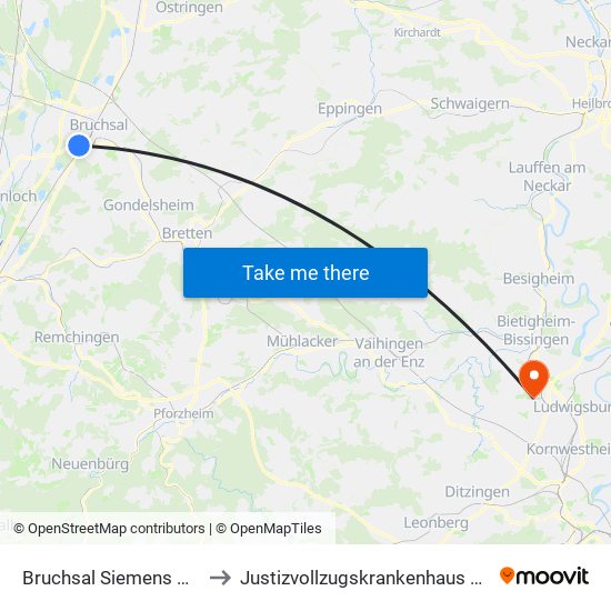 Bruchsal Siemens Wohnheim to Justizvollzugskrankenhaus Hohenasperg map