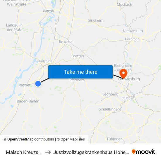 Malsch Kreuzstraße to Justizvollzugskrankenhaus Hohenasperg map
