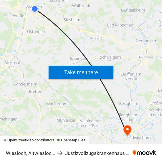 Wiesloch, Altwieslocher Straße to Justizvollzugskrankenhaus Hohenasperg map