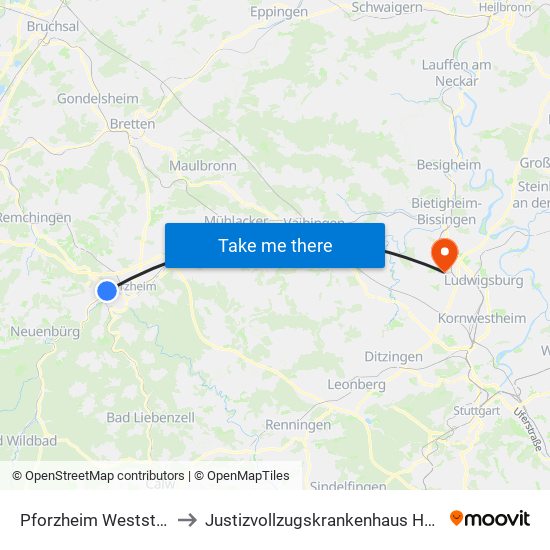 Pforzheim Weststadtpark to Justizvollzugskrankenhaus Hohenasperg map