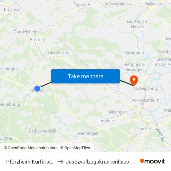 Pforzheim Kurfürstenstaffel to Justizvollzugskrankenhaus Hohenasperg map