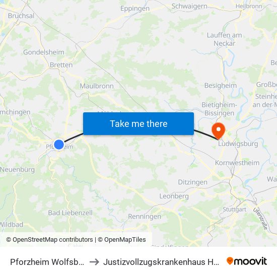 Pforzheim Wolfsbergallee to Justizvollzugskrankenhaus Hohenasperg map