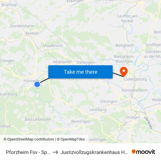 Pforzheim Fsv - Sportplatz to Justizvollzugskrankenhaus Hohenasperg map