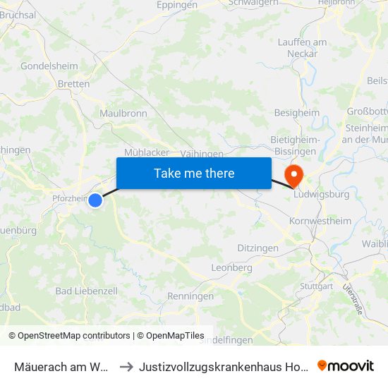 Mäuerach am Waldrand to Justizvollzugskrankenhaus Hohenasperg map