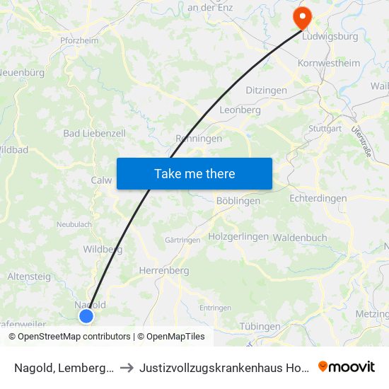 Nagold, Lembergschule to Justizvollzugskrankenhaus Hohenasperg map