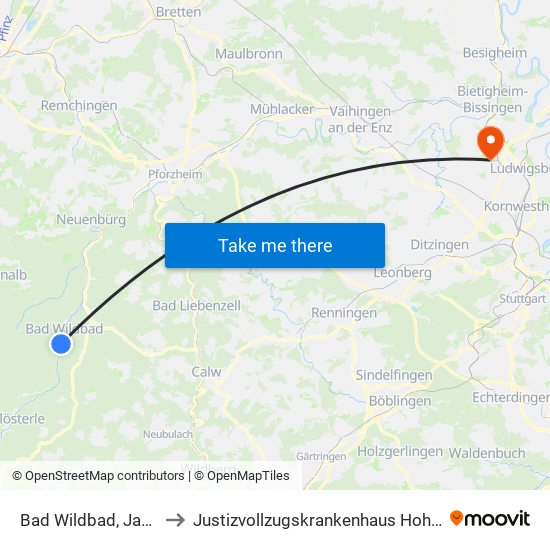 Bad Wildbad, Jahnweg to Justizvollzugskrankenhaus Hohenasperg map
