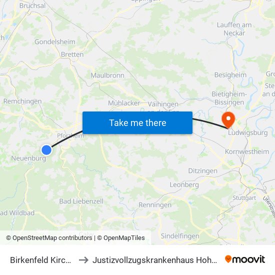 Birkenfeld Kirchplatz to Justizvollzugskrankenhaus Hohenasperg map