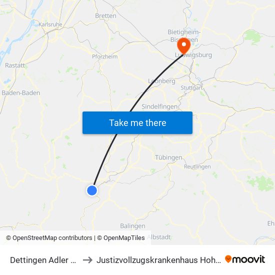 Dettingen Adler Bstg 2 to Justizvollzugskrankenhaus Hohenasperg map