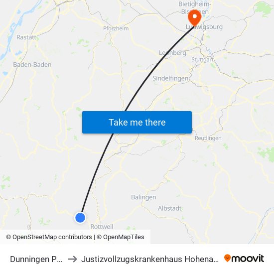 Dunningen Post to Justizvollzugskrankenhaus Hohenasperg map