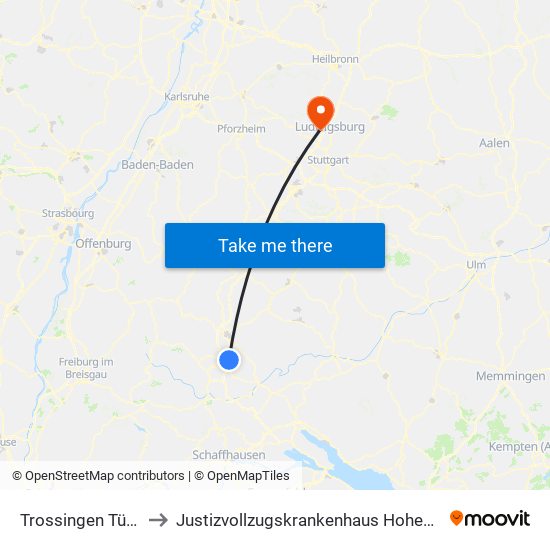 Trossingen Türmle to Justizvollzugskrankenhaus Hohenasperg map