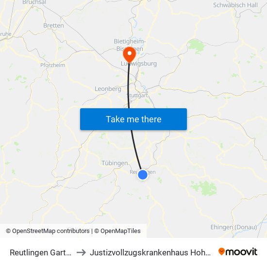 Reutlingen Gartentor to Justizvollzugskrankenhaus Hohenasperg map