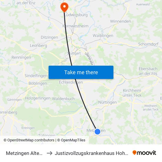 Metzingen Altenheim to Justizvollzugskrankenhaus Hohenasperg map