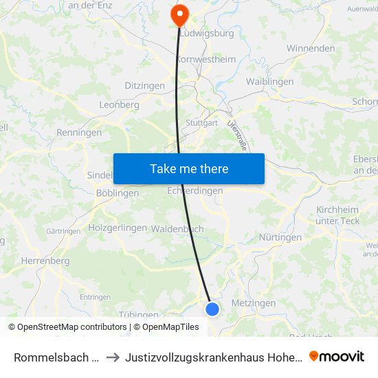 Rommelsbach Nord to Justizvollzugskrankenhaus Hohenasperg map