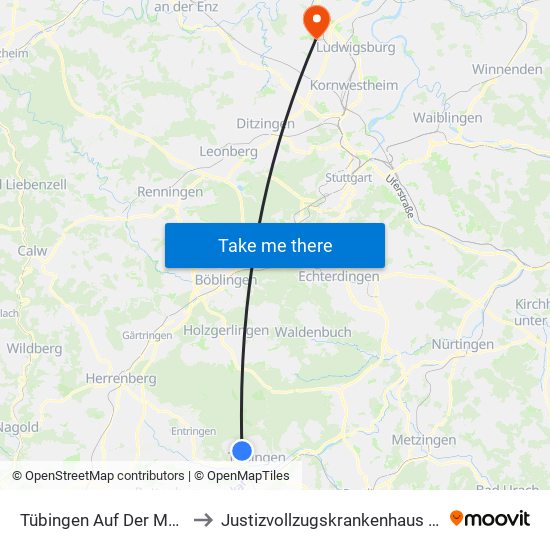 Tübingen Auf Der Morgenstelle to Justizvollzugskrankenhaus Hohenasperg map