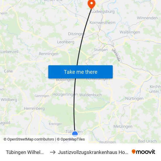 Tübingen Wilhelmstraße to Justizvollzugskrankenhaus Hohenasperg map