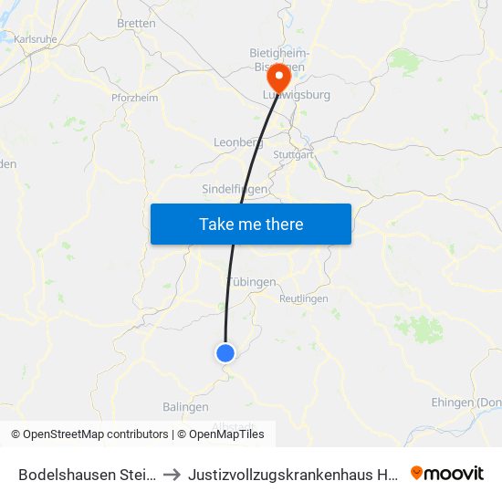 Bodelshausen Steinstraße to Justizvollzugskrankenhaus Hohenasperg map