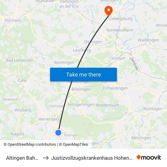 Altingen Bahnhof to Justizvollzugskrankenhaus Hohenasperg map