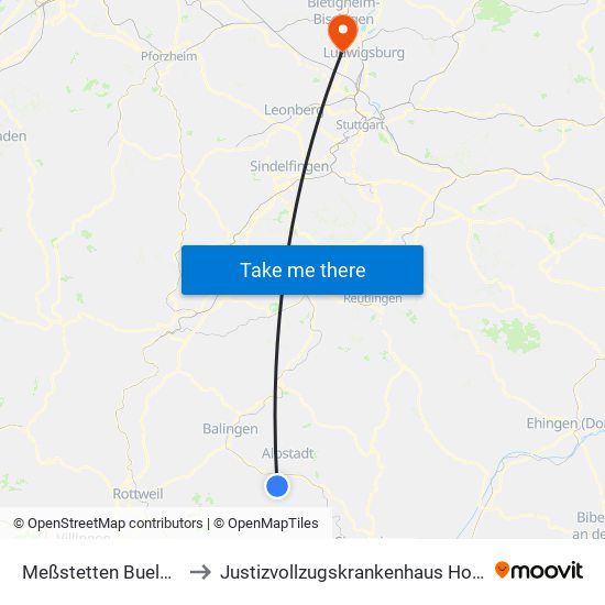 Meßstetten Bueloch Ksk to Justizvollzugskrankenhaus Hohenasperg map