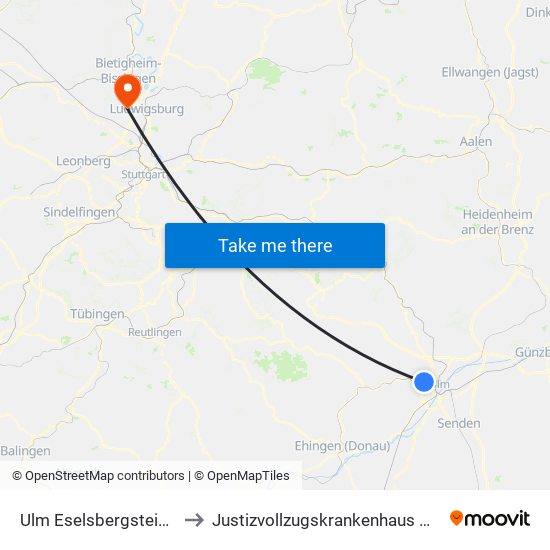 Ulm Eselsbergsteige Bstg A to Justizvollzugskrankenhaus Hohenasperg map