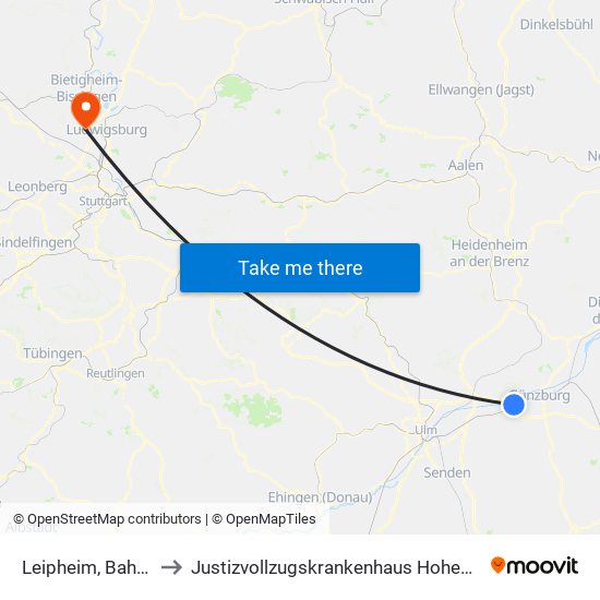 Leipheim, Bahnhof to Justizvollzugskrankenhaus Hohenasperg map